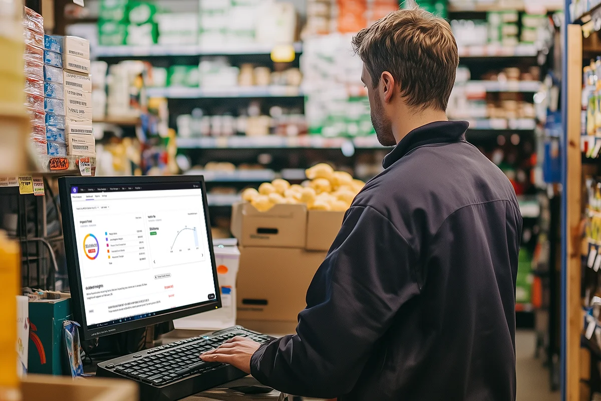 Store employee running a price analysis with Storewise in the back office